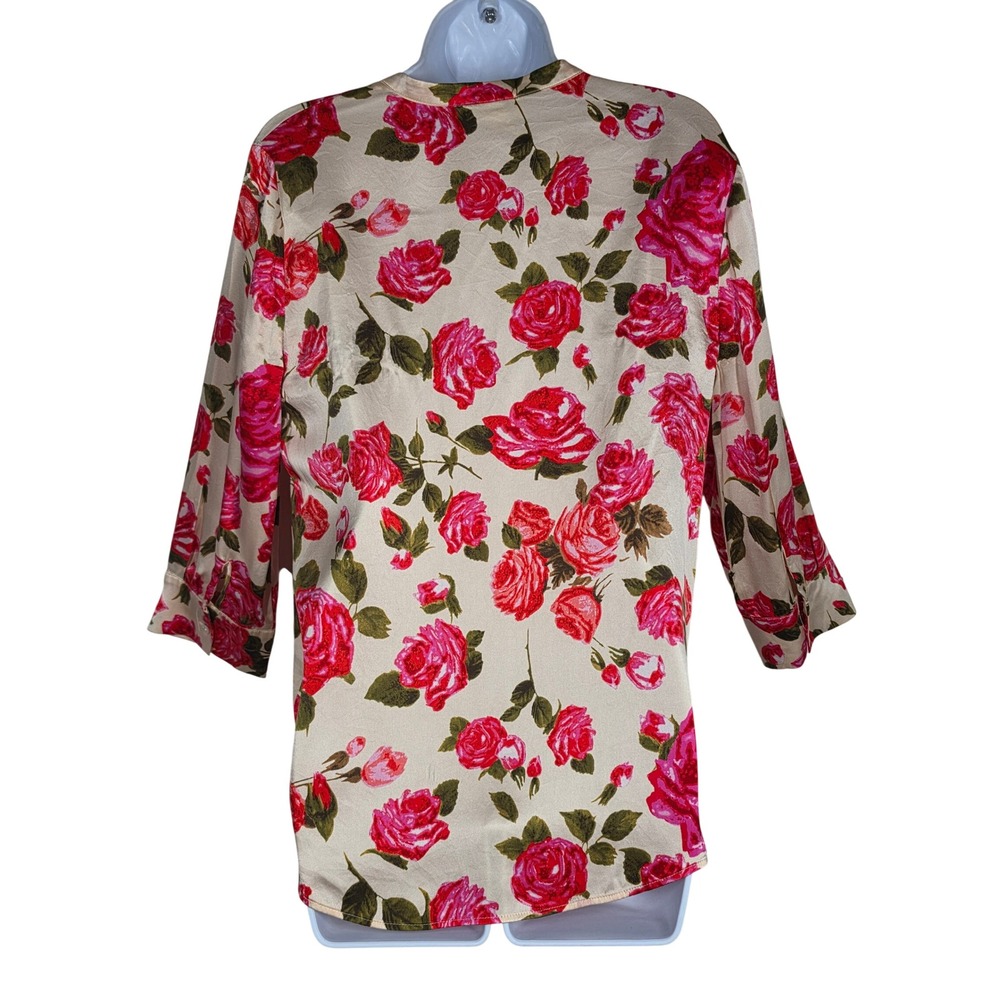 L'AGENCE 100% Silk Pink Rose Floral Top Womens M Split Neck Champagne *AS IS* - Picture 2 of 12